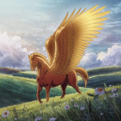The primary subject of the image is a horse with a large, golden wing on its back. The horse is standing in a grassy field with a sky background. The visual style of the image is a combination of digital art and illustration, creating a unique and captivating scene. The colors and mood of the image are predominantly warm and serene, with the golden wing adding a touch of magic and wonder to the scene.